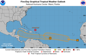 The National Hurricane Center is tracking two areas that could grow into tropical cyclones in the Atlantic Ocean. Image: NHC