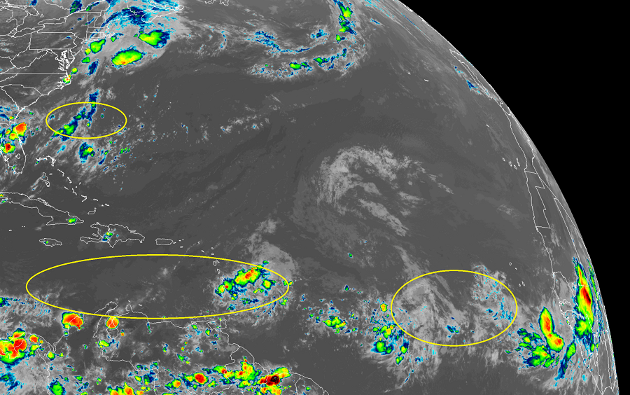 Latest GOES-East weather satellite view of the Atlantic shows 3 areas the National Hurricane Center is monitoring.  Image: NOAA