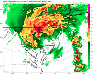 Today's HWRF forecast model shows the center of Isaias near Delaware Bay before progressing up the Garden State Parkway into the New York City metro area on Tuesday. Image: tropicaltidbits.com