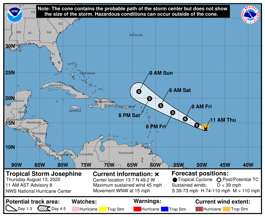 Latest official forecast track on Tropical Storm Josephine from the National Hurricane Center. Image: NHC