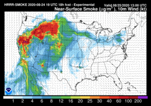 The HRRR also models smoke conditions at the surface. While the air will have significant amounts of smoke, most of it will be well above the surface, as this map contrasts with the one above shows. Image: NOAA