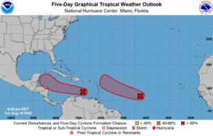 This evening's Tropical Outlook from the National Hurricane Center shows two areas of concern in the Atlantic that they are tracking. Image: NHC