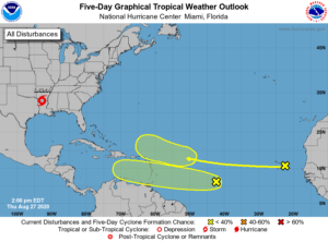 The National Hurricane Center's latest Tropical Outlook has highlighted two areas of concern in the Atlantic hurricane basin. Image: NHC