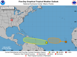 The latest Tropical Outlook from the National Hurricane Center shows growing odds for potential tropical cyclone development in the Atlantic. Image: NHC