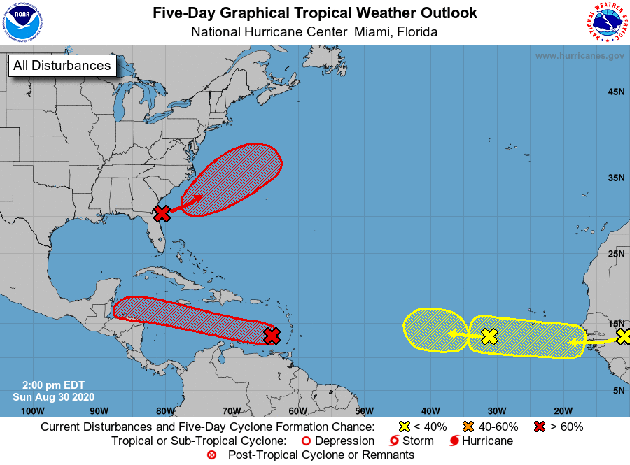 The National Hurricane Center is tracking 4 areas of concern within the Atlantic basin, including two which are likely to develop into tropical cyclones over the next 48 hours. Image: NHC