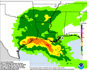 More heavy rain is likely from Beta across portions of Texas, Louisiana, and Arkansas. Image: NWS