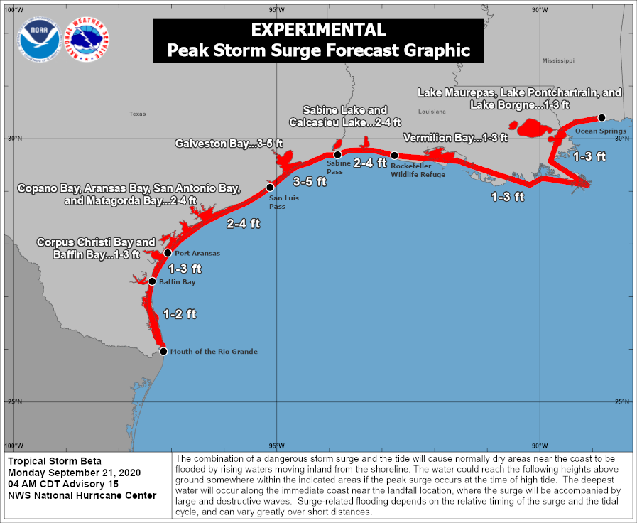 The National Hurricane Center believes there continues to be a storm surge threat from Beta through tomorrow along portions of the Gulf coast.  Image: NHC