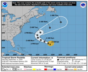 Hurricane Watches are up for Bermuda; in the latest track from the National Hurricane Center, the center of Paulette is forecast to come dangerously close to Bermuda. Image: NHC