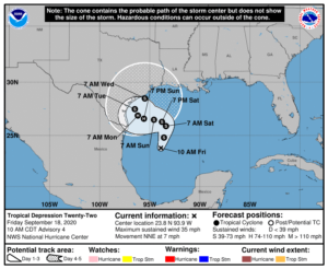The National Hurricane Center forecast track drifts what'll likely be Hurricane Beta around the western Gulf of Mexico for the next several days. Image: NHC