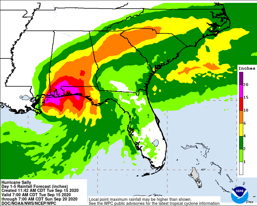 Epic, heavy rain will flood a large part of the southeast as Hurricane Sally creeps north.  Image: NWS