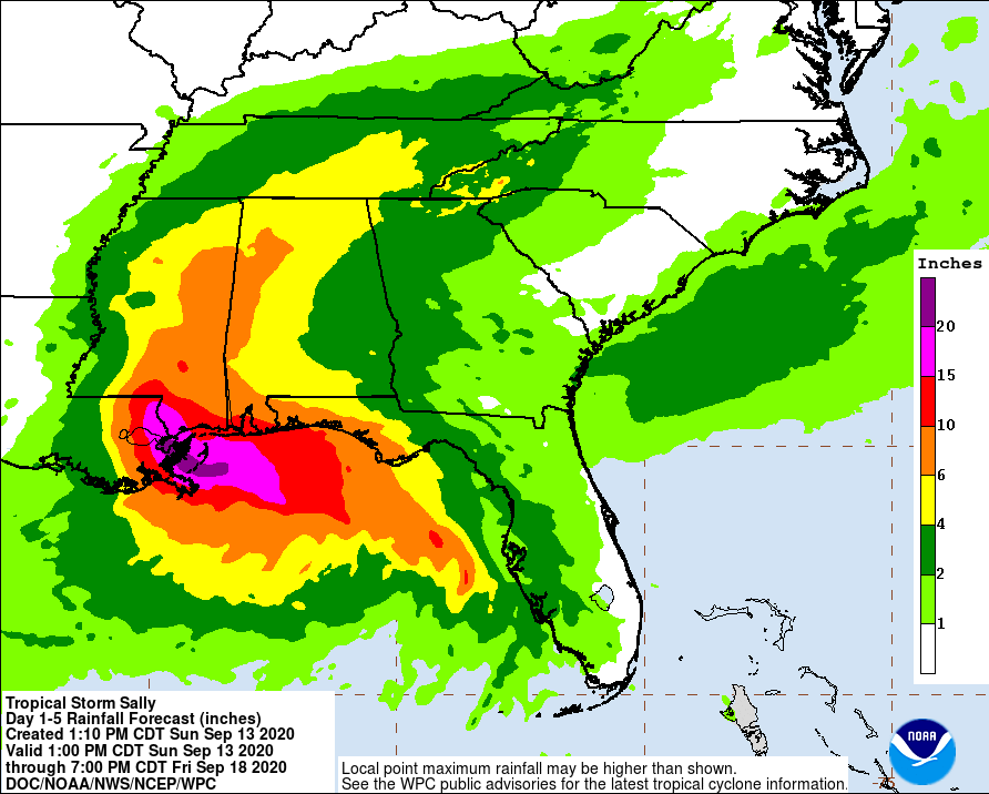 Sally will produce widespread flood problems across many days after landfall. Image: NHC