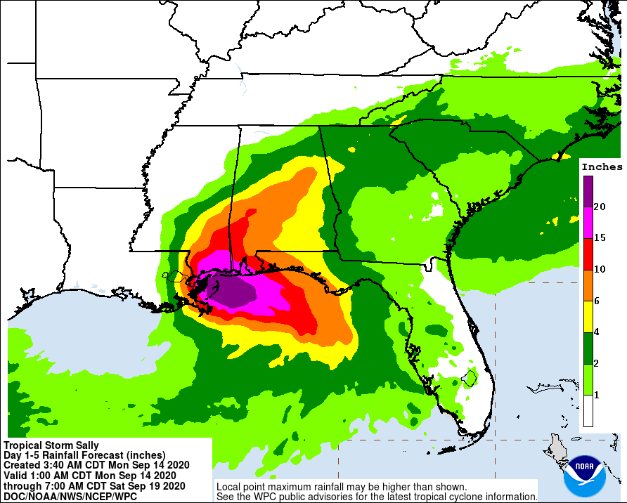 Extremely heavy rain, possibly measured in feet, will fall from Hurricane Sally in the coming days.  Image: NWS