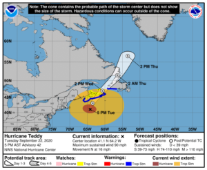 Hurricane Teddy is a huge storm; it is expected to move over Nova Scotia soon. Image: NHC