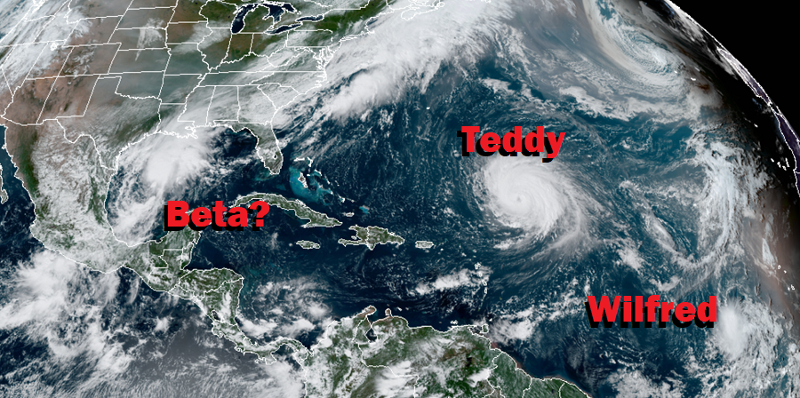 The National Hurricane Center expects Hurricane Beta to take shape in the Gulf of Mexico while Hurricane Teddy and Tropical Storm Wilfred spin in the Atlantic. Not shown: Subtropical Storm Alpha near the coast of Portugal. Image: NOAA
