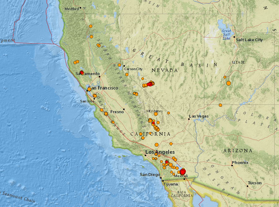Many earthquakes have struck California and surrounding states within the last 24 hours.  Image: USGS