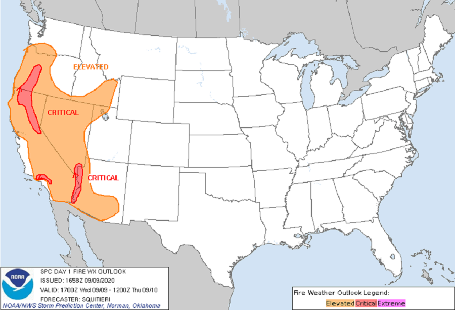 A large portion of the western U.S. remains at risk for fire weather conditions. Image: NWS
