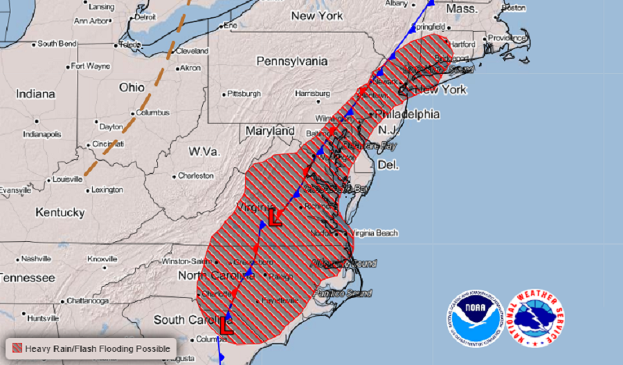 The area hatched in red could see flood concerns over the next 24 hours.  Image: NWS