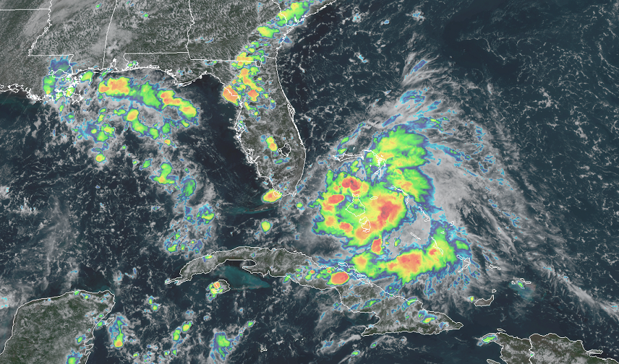 Current GOES-East weather satellite view of the area of disturbed weather expected to be a tropical cyclone soon.  Image: NOAA