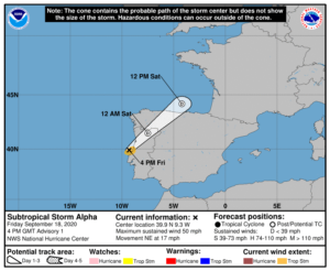 Subtropical Storm will bring wind and rain to Portugal, Spain, and eventually France. Image: NHC