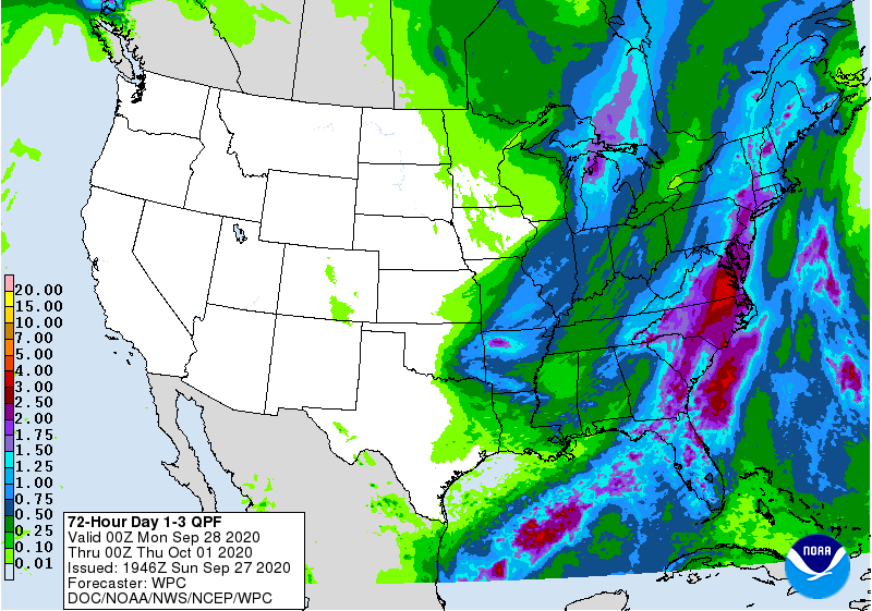 Two to four inches of rain could fall from a multi-day soaking rain event in the eastern U.S. this week.  Image: NWS