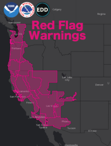 Red Flag Warnings are up for a huge portion of the western U.S. due to fire weather conditions. Image: NWS
