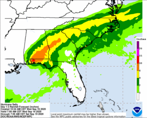 Epic, heavy rains will continue to soak the southeast from slow-moving Sally over the next 1-3 days. Image: NWS