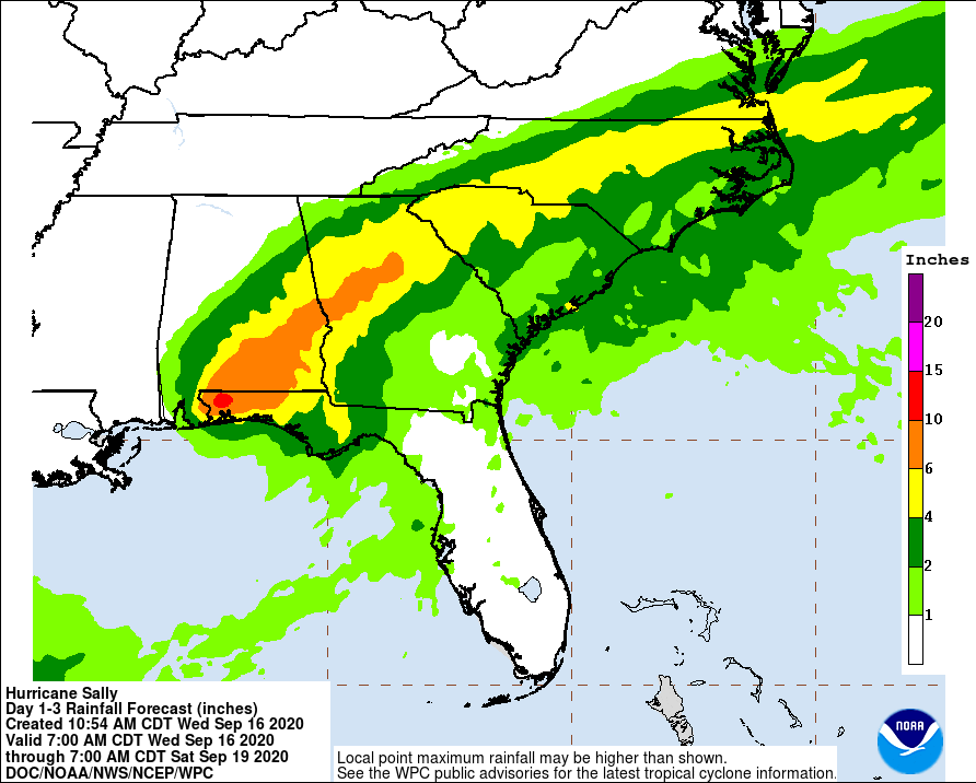 Epic, heavy rains will continue to soak the southeast from slow-moving Sally over the next 1-3 days.  Image: NWS