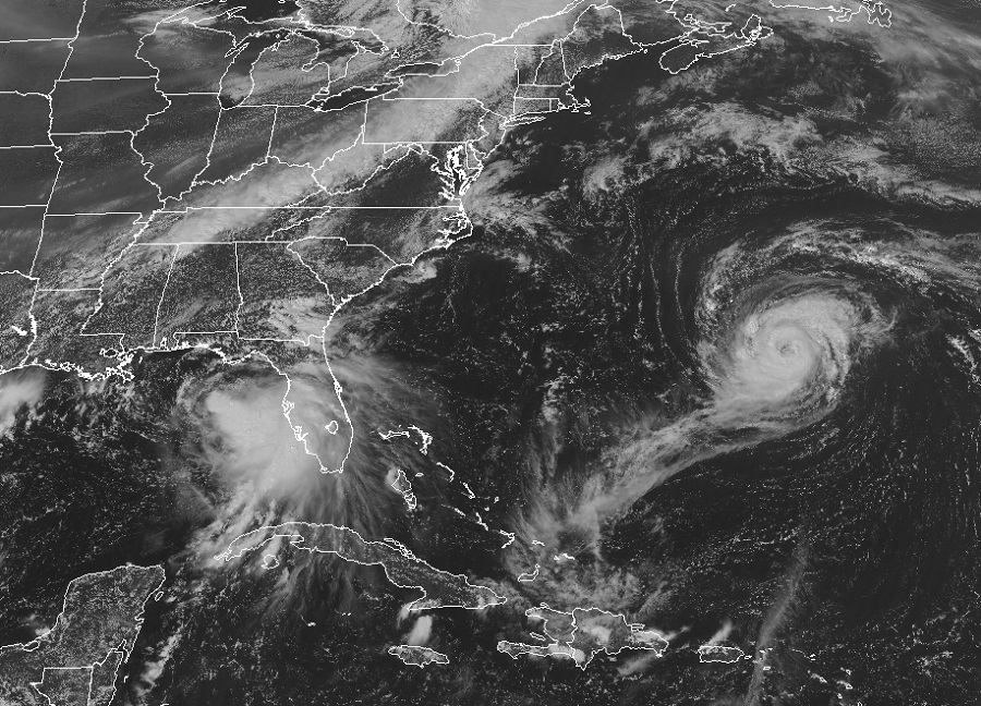 Sally, left, and Paulette, right, are clearly visible on the latest GOES-East weather satellite view. Image: NOAA