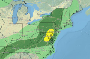 While thundershowers are possible in the light green area, severe thunderstorms are possible in the dark green area. The yellow area highlights the region where there's the best chances for severe thunderstorms today. Image: NWS