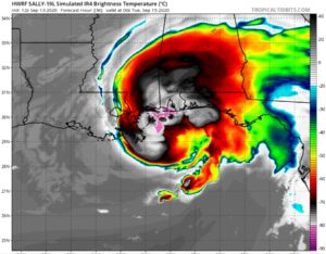 Simulated IR satellite view of Hurricane Sally as it makes landfall, based on the HWRF computer forecast model data. Image: tropicaltidbits.com