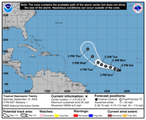 The National Hurricane Center expects Tropical Depression #20 will become Tropical Storm, and eventually, Hurricane Teddy in the coming days. Image: NHC