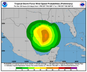 Latest forecast from the National Hurricane Center showing probability of tropical storm force winds. Image: NHC