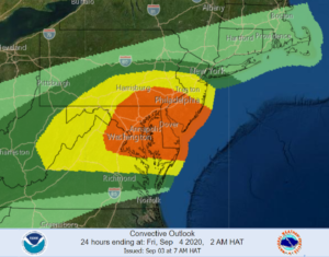 There's an enhanced risk of severe to possibly violent thunderstorms in portions of the Mid Atlantic today. Severe weather is expected in the yellow area; the orange area is most likely to see the worst weather. Image: NWS