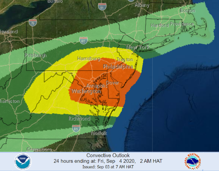 There's an enhanced risk of severe to possibly violent thunderstorms in portions of the Mid Atlantic today. Severe weather is expected in the yellow area; the orange area is most likely to see the worst weather.  Image: NWS