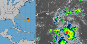 The National Hurricane Center is monitoring an area of disturbed weather off of the U.S. East Coast. Image: NHC