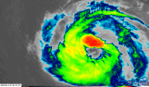 Latest satellite loop shows the eye of Hurricane Paulette moving over the island of Bermuda. Image: NOAA
