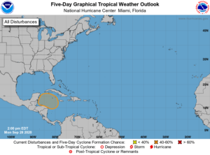 Current Tropical Outlook shows where a tropical cyclone could form in the next 5 days.  Image: NHC