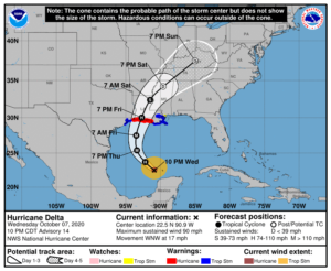 Latest official National Hurricane Center track for Hurricane Delta. Image: NHC