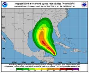 The latest official forecast from the National Hurricane Center brings storm-force winds to the central Gulf Coast by the middle of this week. Image: NHC
