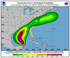 Tropical storm force winds are possible across two broad areas; near landfall along the Gulf, and near the Mid Atlantic coast.  Image: NHC