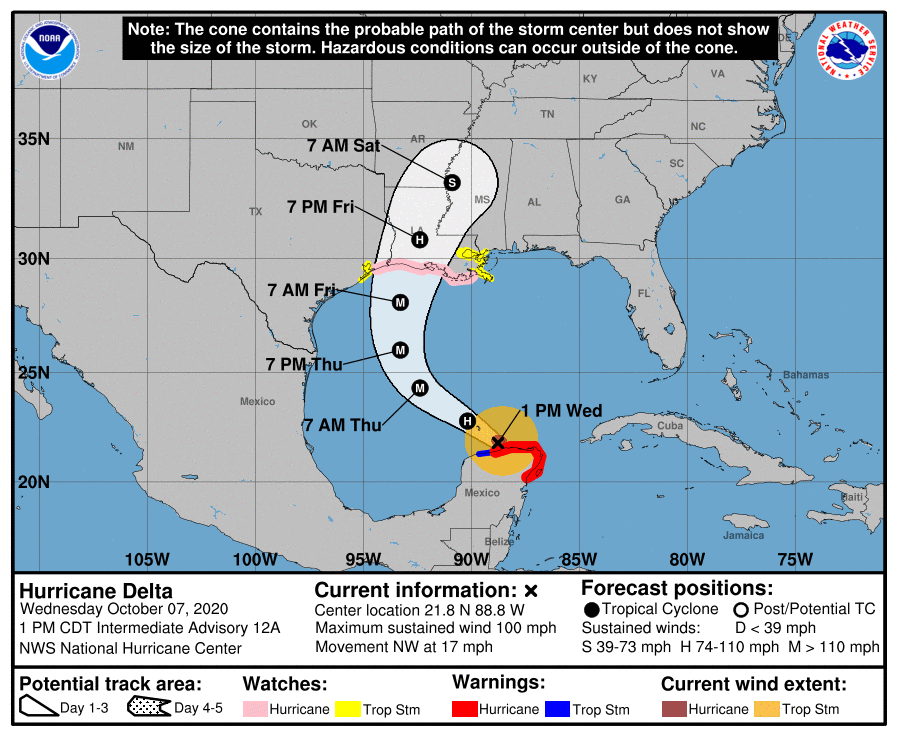 Latest official track for Hurricane Delta.  Image: NHC