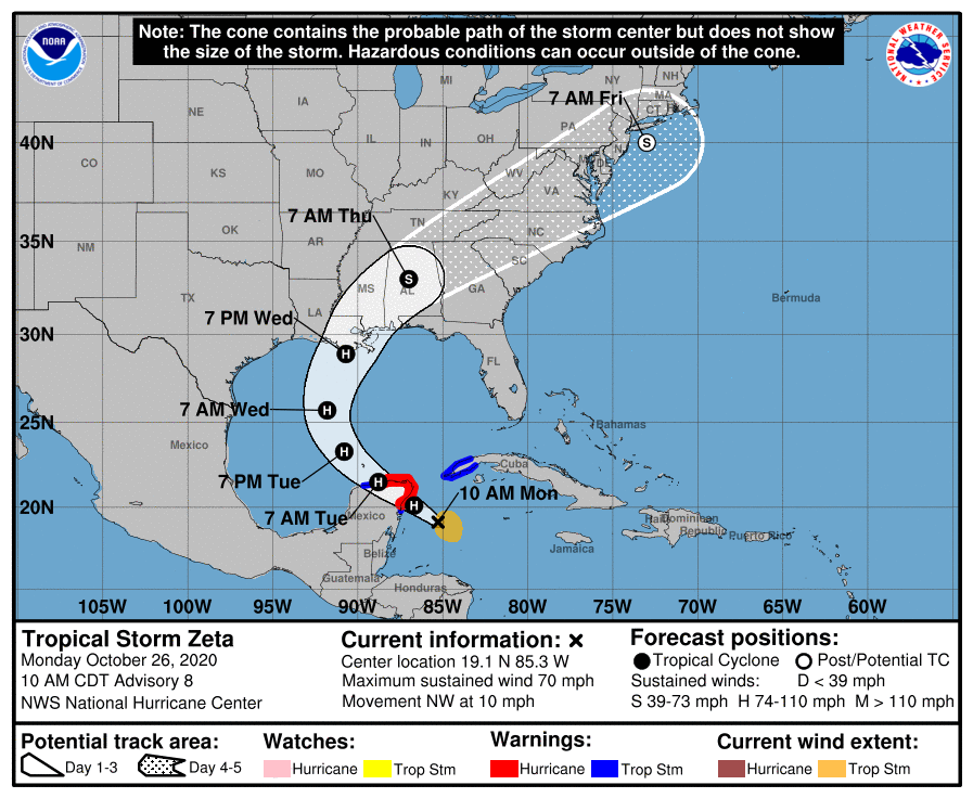Hurricane Warnings are in effect ahead of Zeta's arrival.  Image: NHC