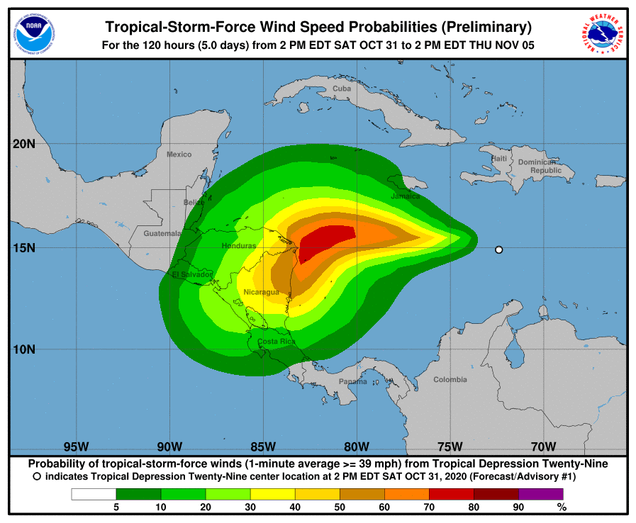 Projected area of tropical storm force winds in the coming days from Tropical Depression #28. Image: NHC