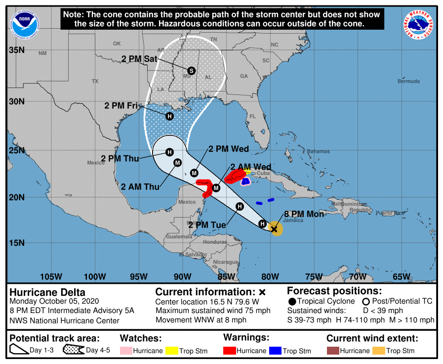 Latest forecast track for Hurricane Delta from the National Hurricane Center. Image: NHC