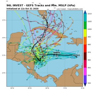 Numerous forecast model solutions are split with where this system will go over time; some favor a solution that brings it to Florida over Central America. Image: tropicaltidbits.com