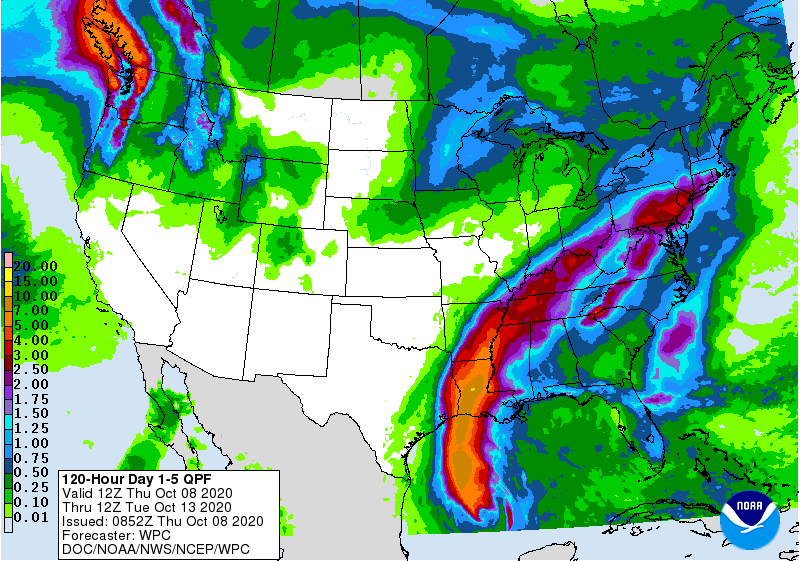 Hurricane Delta will be responsible for heavy rain across a broad area over the next 5 days.  Image: NWS