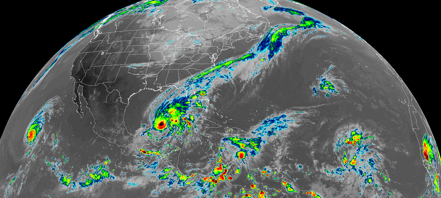 The GOES-East weather satellite shows Hurricane Marie in the Pacific and Tropical Storm Gamma near the Yucatan Peninsula; more tropical cyclones could form in the Atlantic basin in the coming days. Image: NOAA