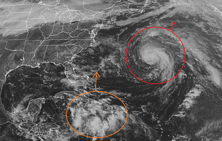 The red circle shows the area Hurricane Epsilon is; it will eventually move off to the north and east. The orange circle contains an area being monitored for possible tropical cyclone development; it will head north in the coming days. Image: NOAA