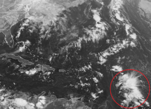 The latest GOES-East weather satellite shows an area being closely watched for signs of possible tropical cyclone development. Image: NOAA