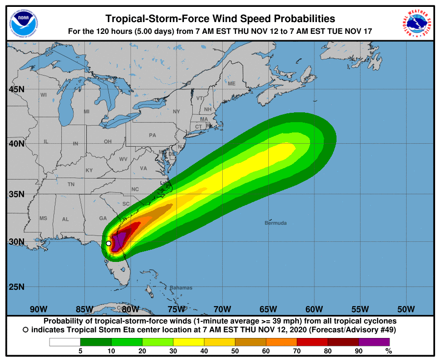 Tropical Storm Eta's windfield should stay off of much of the southeast coast. Image: NHC